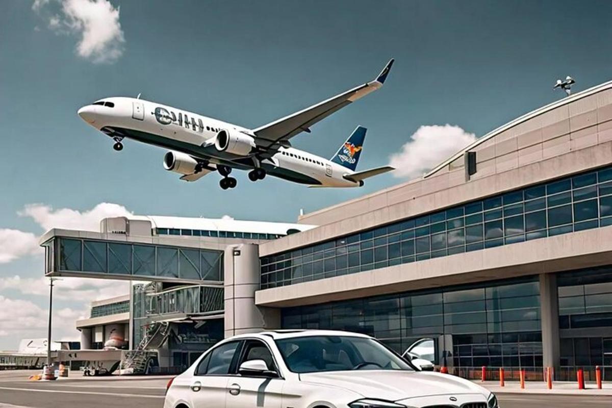 un aereo sta volando sopra un edificio con un'auto