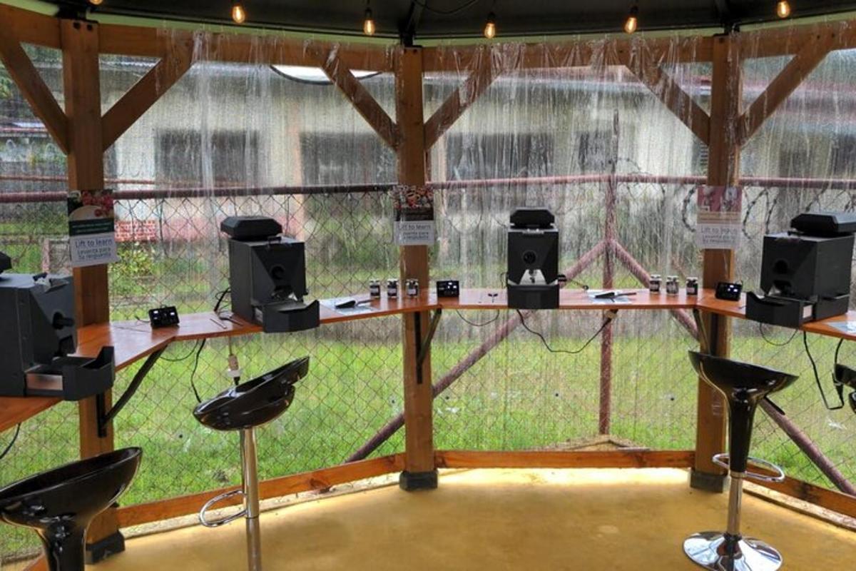 a stage with stools in front of a window