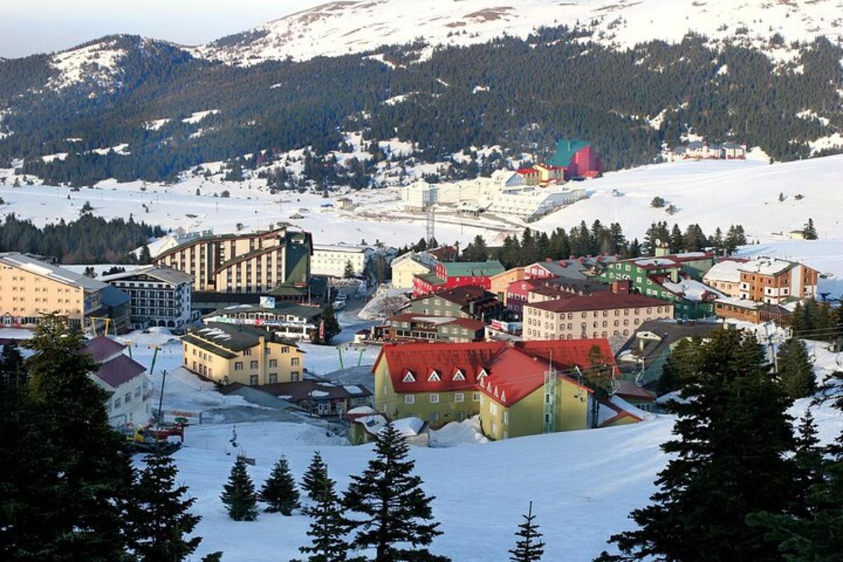 uma cidade na neve em uma montanha