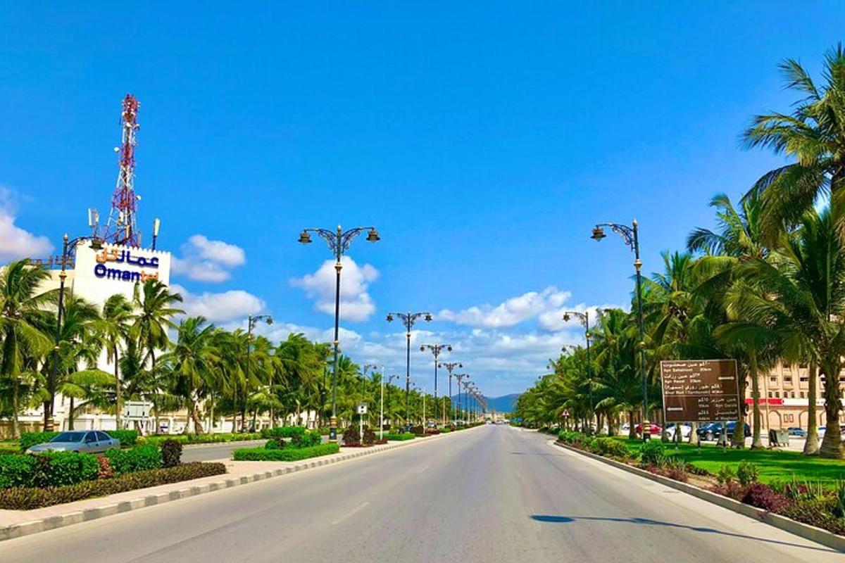 an empty street with palm trees on the side of a road