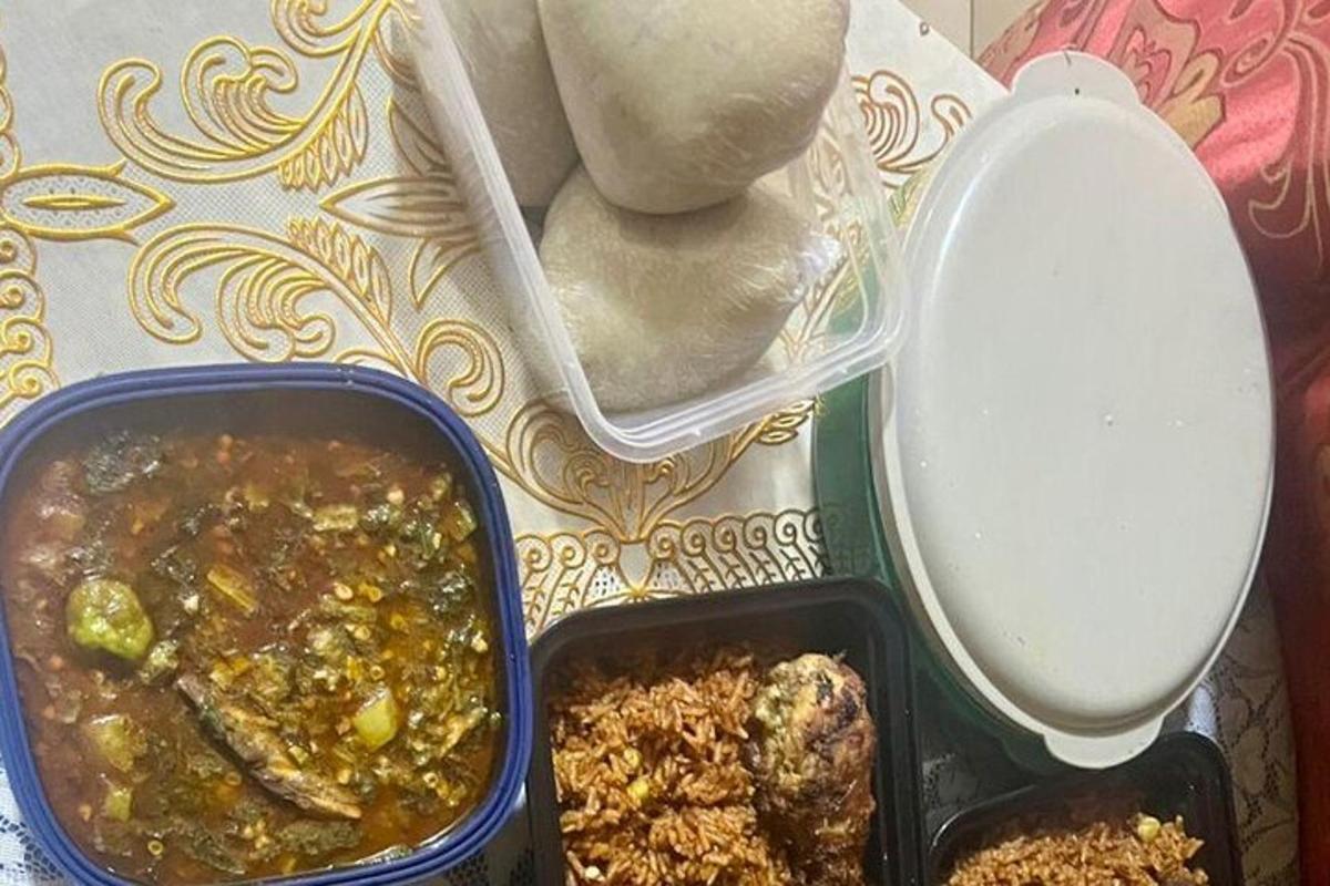 a table with a container of food and a toilet