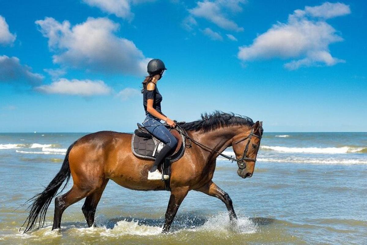 uma mulher cavalgando na praia