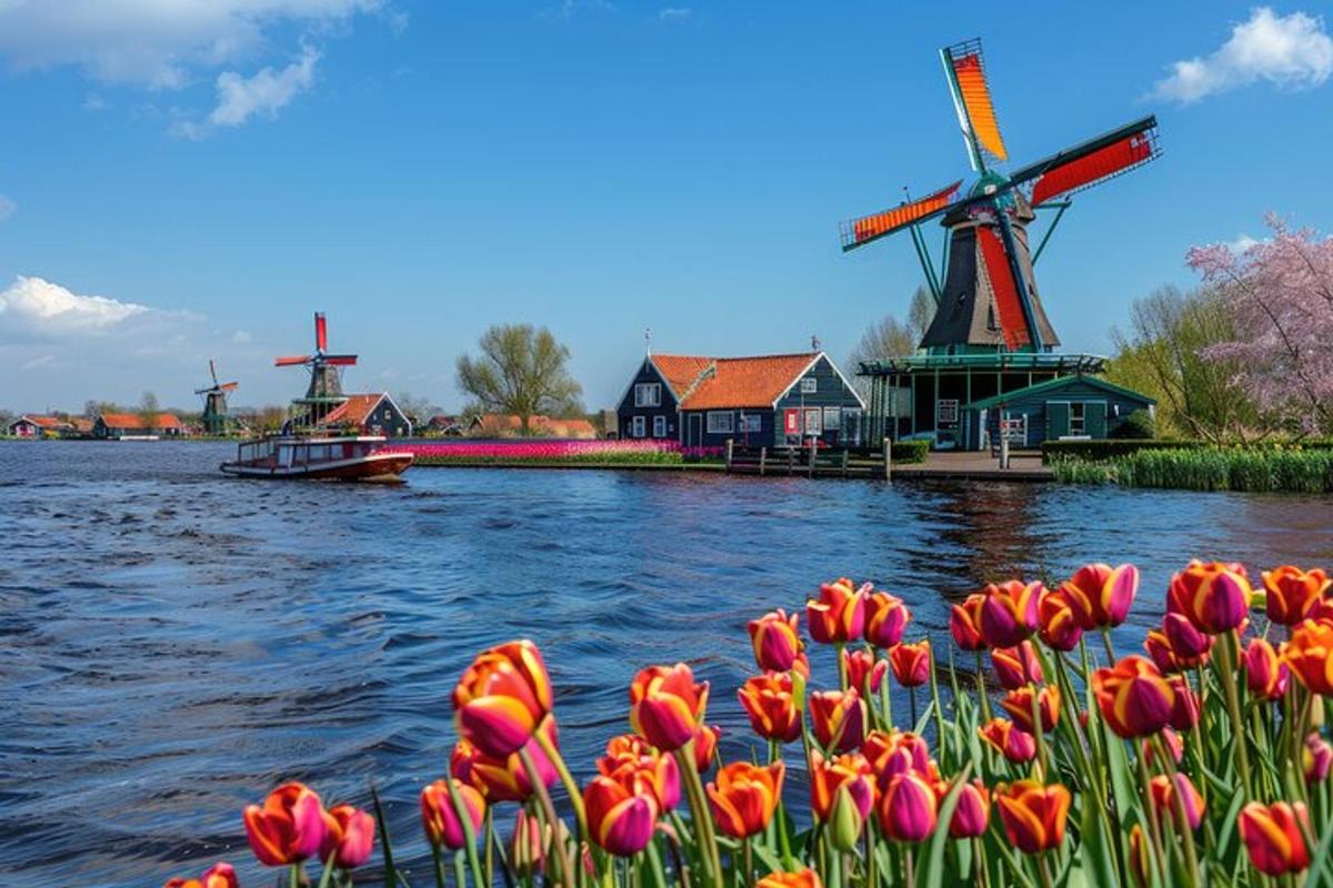 un mazzo di tulipani davanti a un fiume con mulini a vento