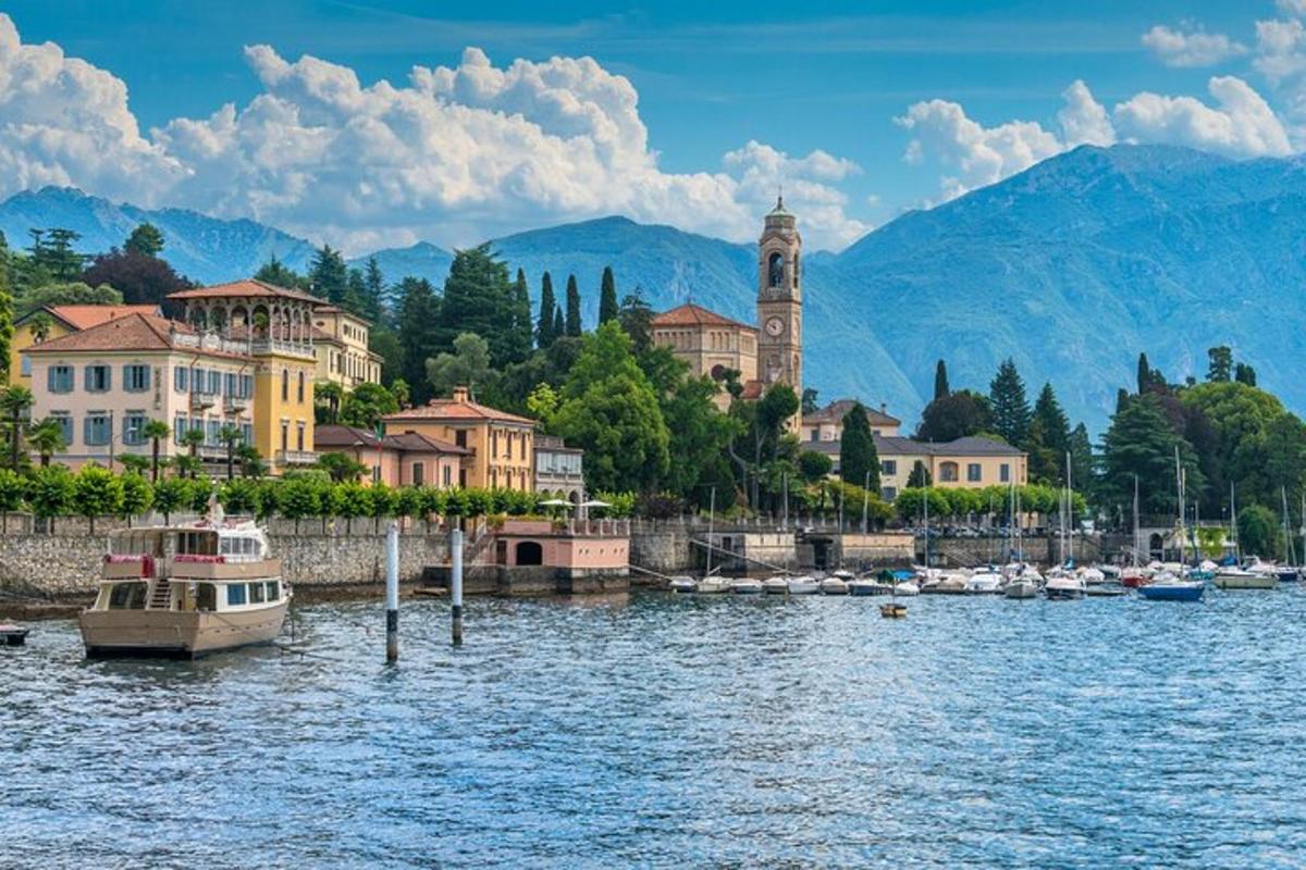 a town on a lake with boats in the water