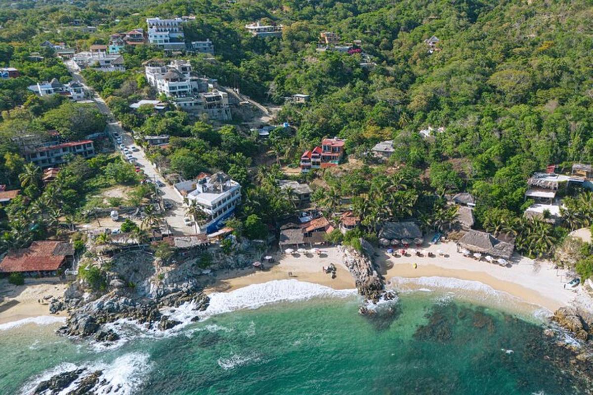 una vista aerea di una spiaggia con persone su di essa