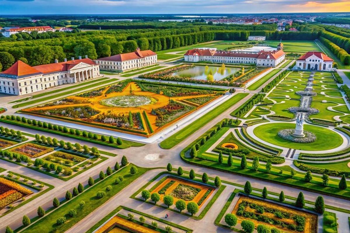 an aerial view of the palace of versailles with its gardens