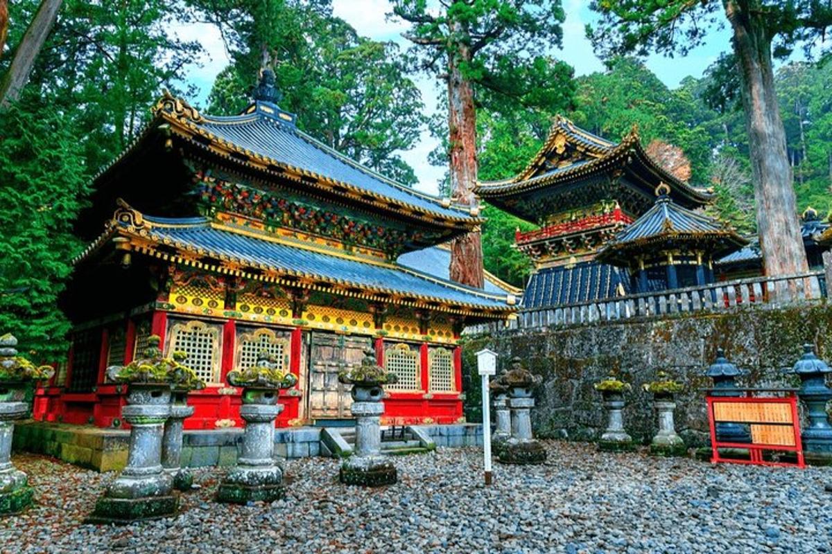 două temple într-un parc cu flori în față