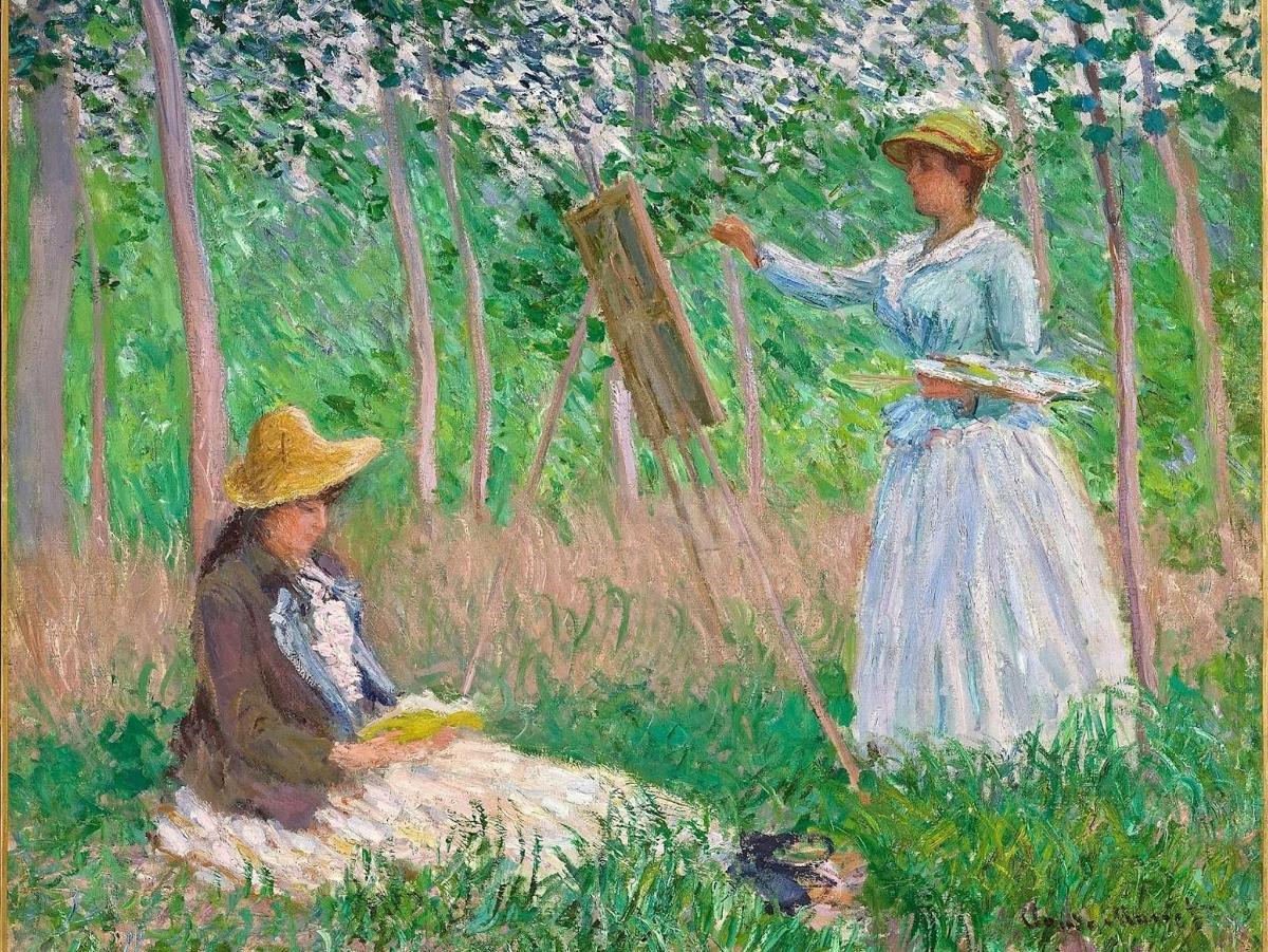 a painting of two women in the woods