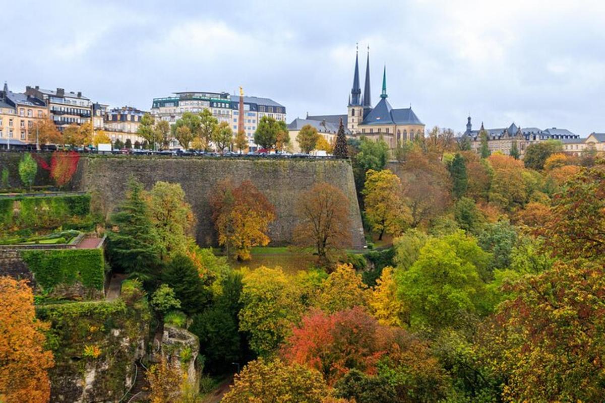 podzimní pohled na město s hradbou a stromy