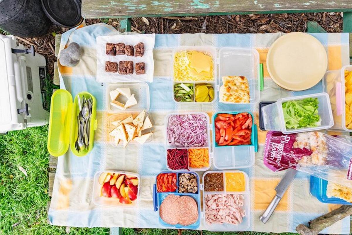 eine Picknickdecke mit Lunchboxen voller Essen darauf