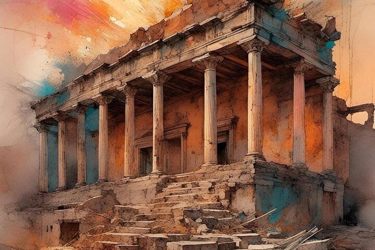 un dipinto di un edificio con gradini davanti