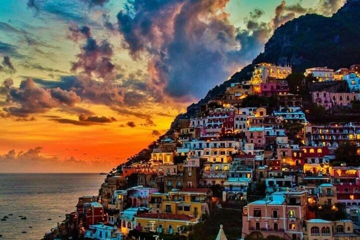 a positano village on the amalfi coast at sunset