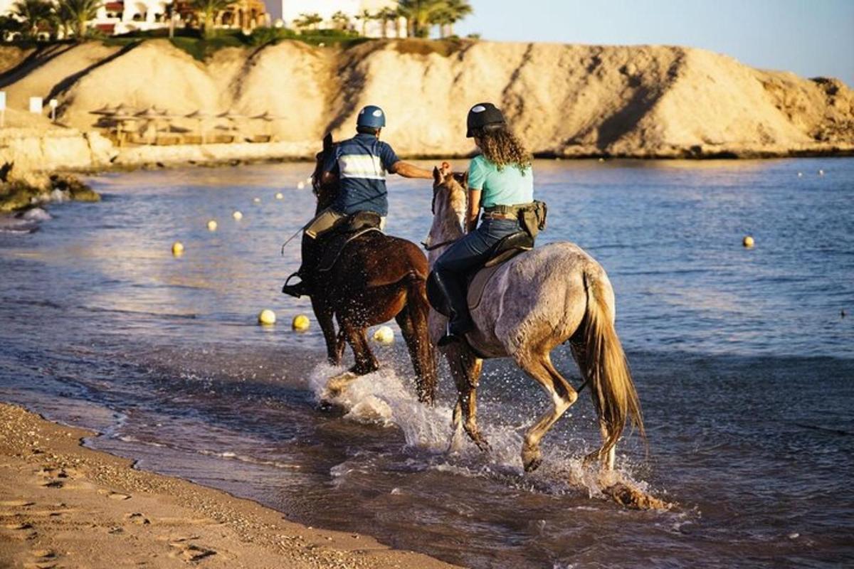 двоје људи јашу коње у води на плажи
