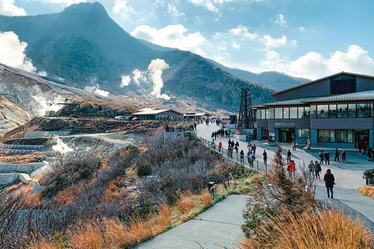 a group of people walking around a mountain