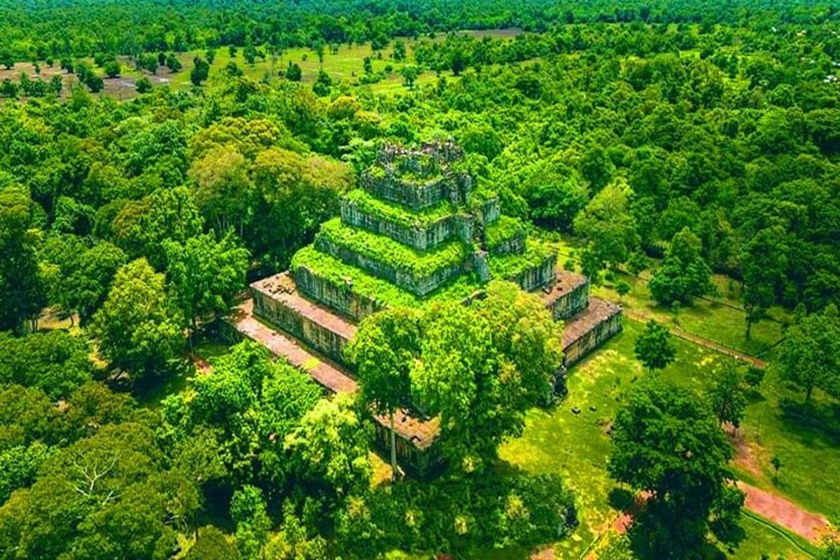 an overhead view of a building in the middle of a forest