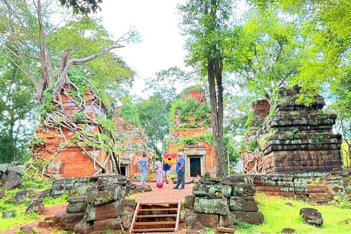 a painting of a group of people walking around a temple