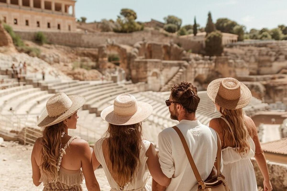 un gruppo di persone che camminano nell'anfiteatro