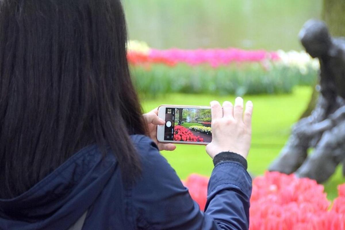 žena fotí květiny mobilním telefonem