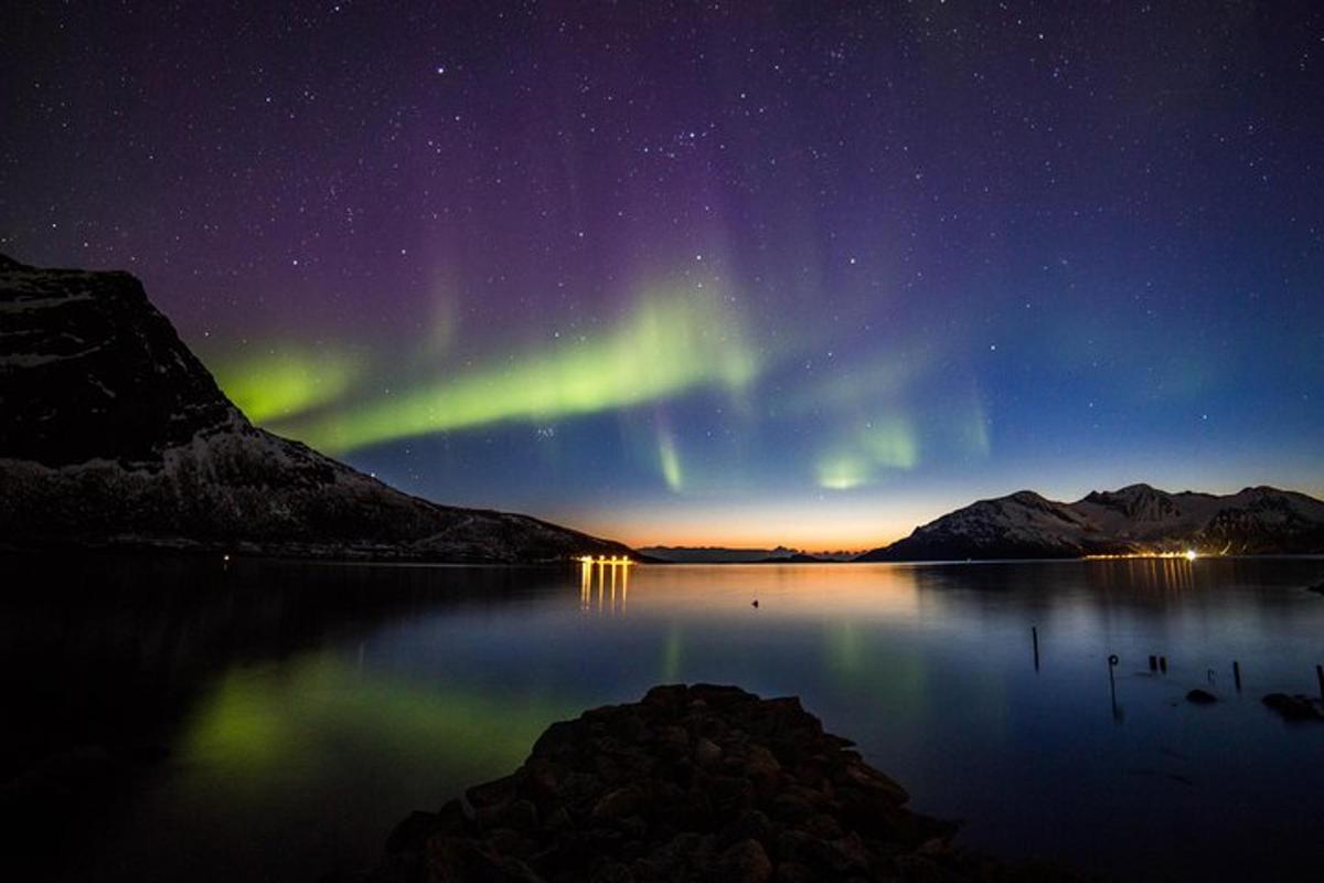 un'aurora su un lago di notte con le stelle
