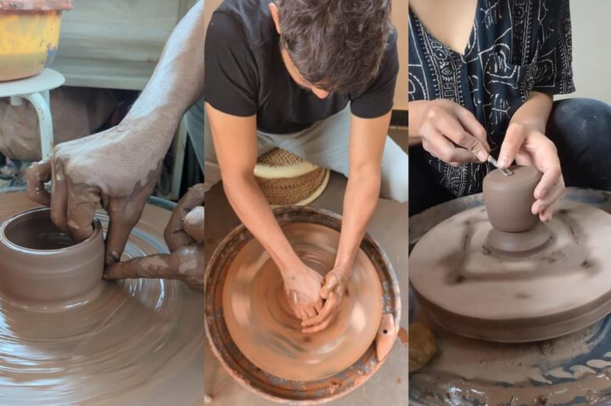 a woman making a pot on a pottery wheel
