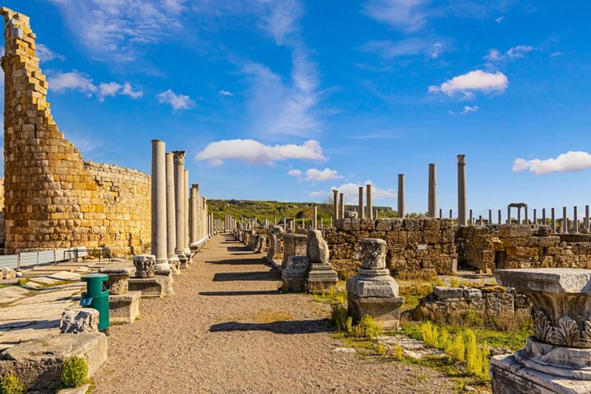 una fila di pilastri in antiche rovine