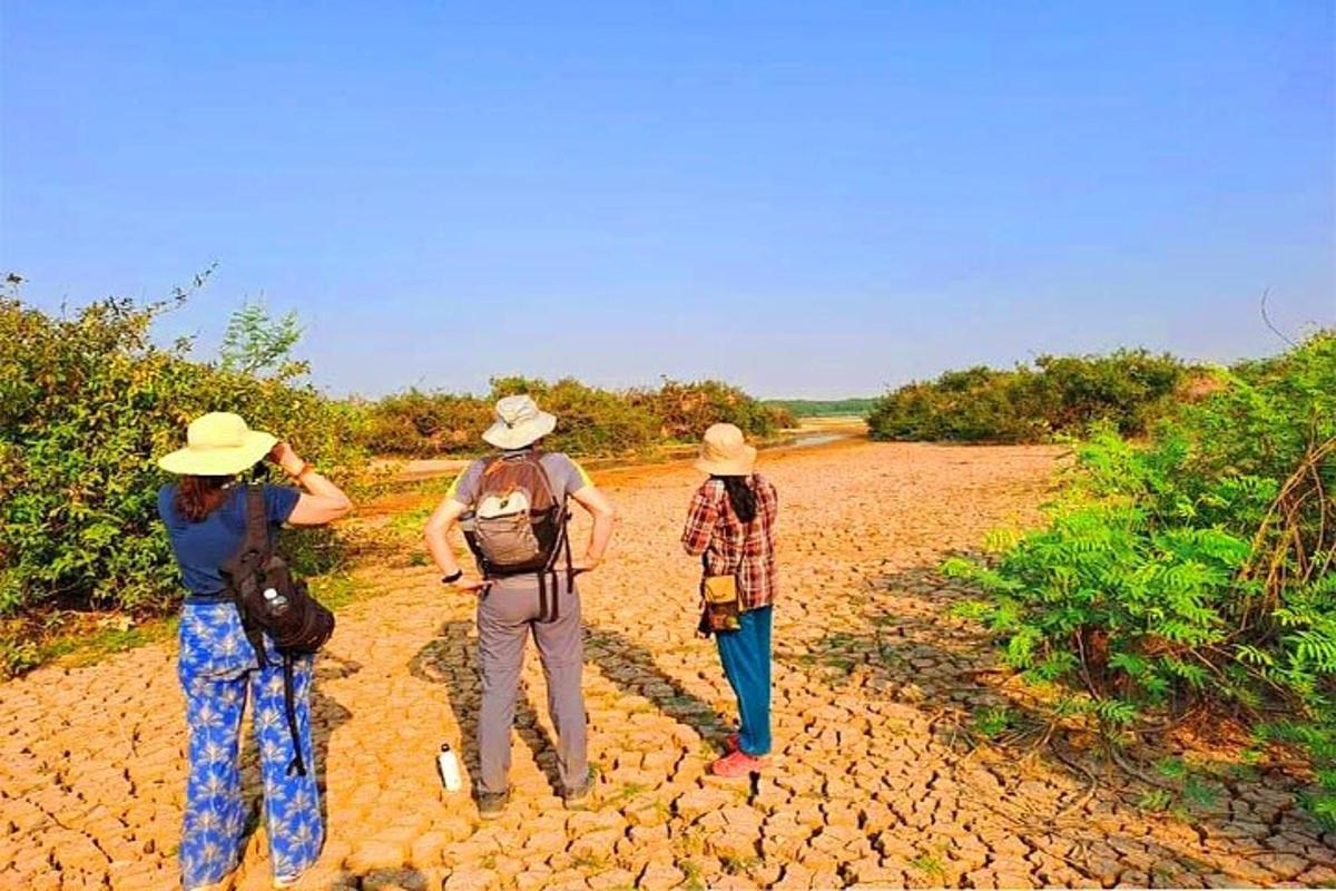 três pessoas estão paradas em uma estrada de terra