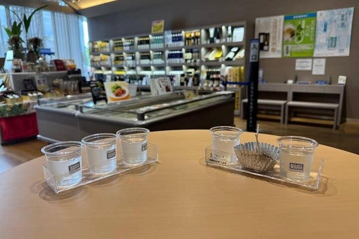 a table in a store with glasses of water on it