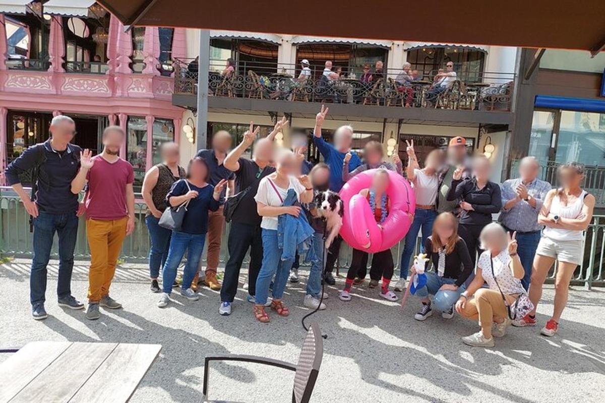 a group of people standing in front of a building