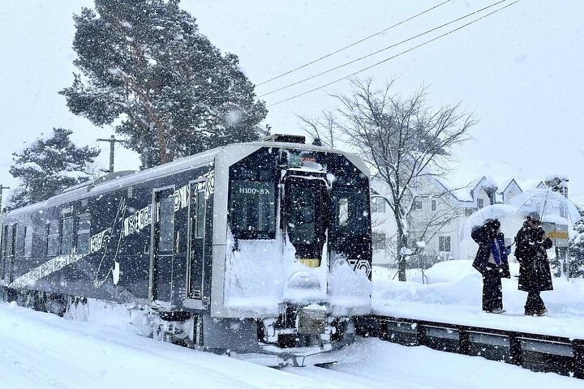 a train covered in snow with people standing next to it