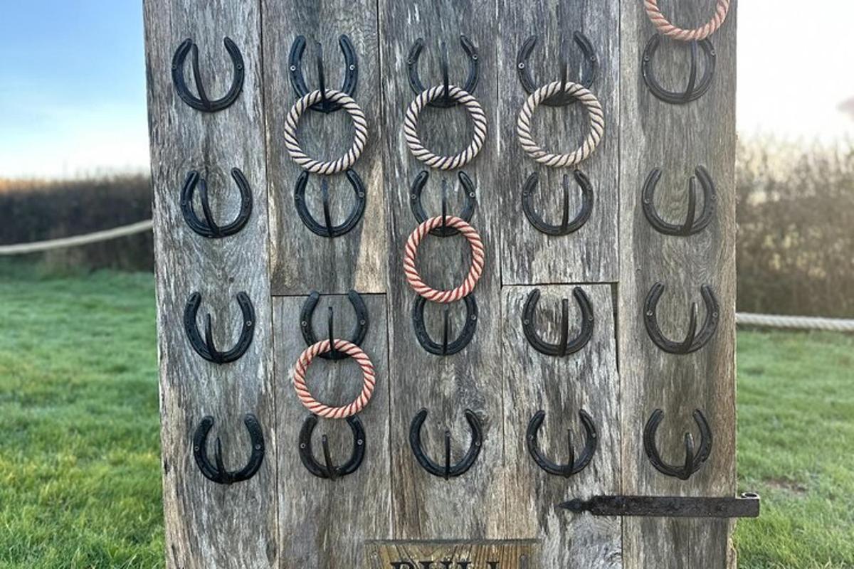 a wooden post with a bunch of horseshoes on it