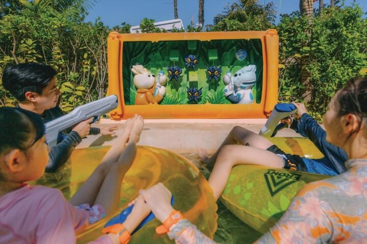 a group of people sitting on a ride in a video game
