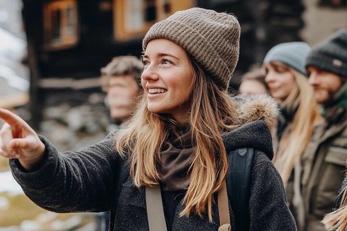 a woman in a hat is pointing at something