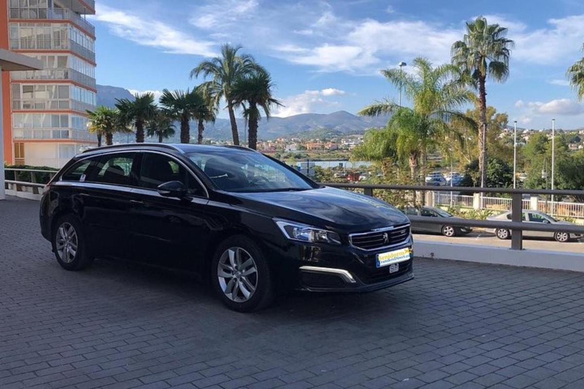 um carro preto estacionado em uma rua com palmeiras