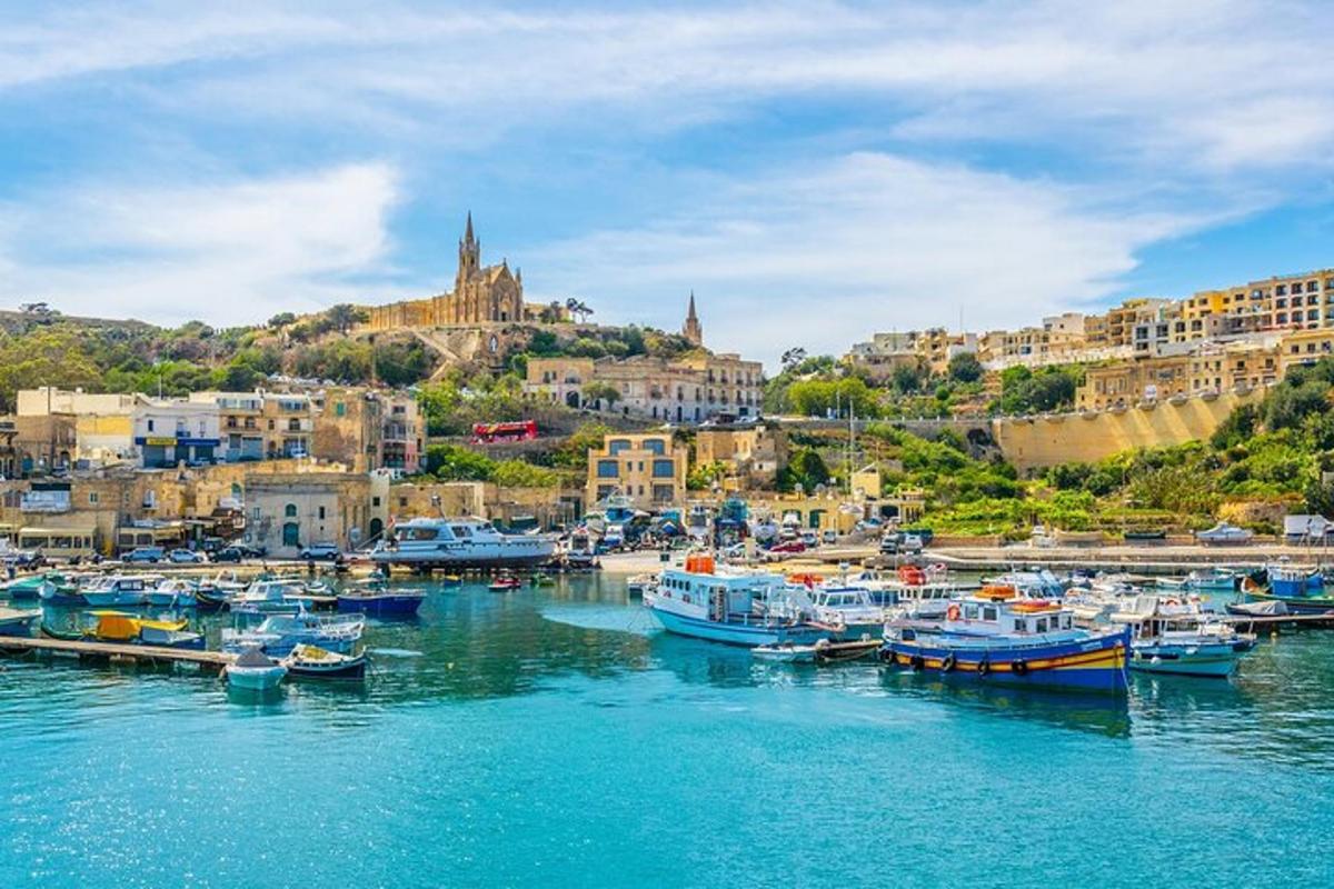 a group of boats docked in a harbor with a city