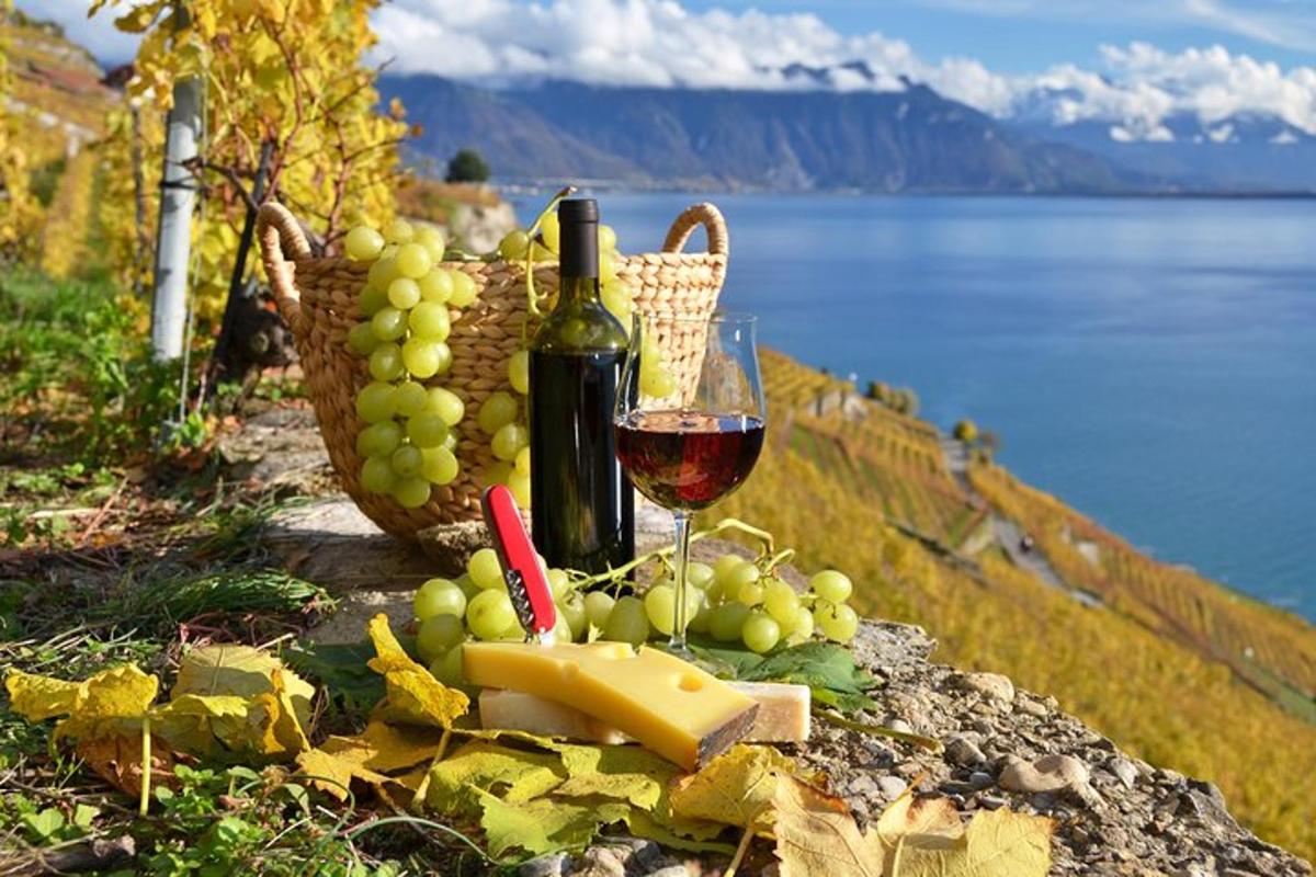 kozarec vina in sira ter košaro grozdja