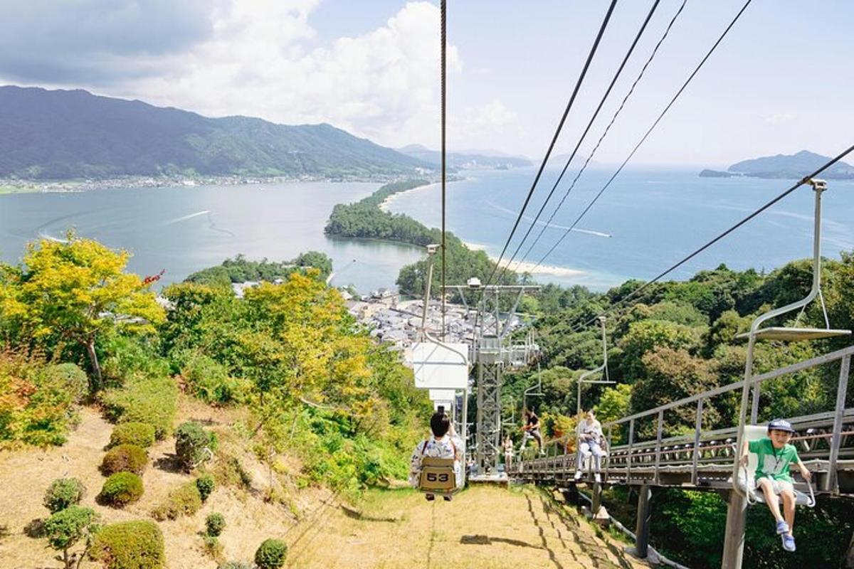 un gruppo di persone che percorrono una teleferica sopra un lago