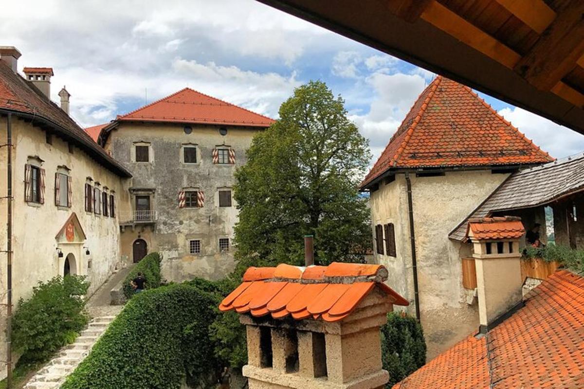 a view of a group of buildings with orange roofs