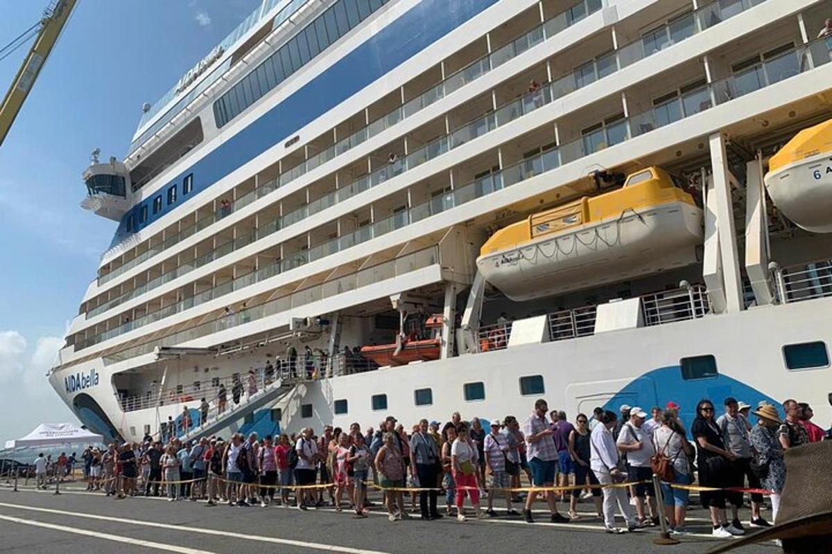 a large group of people standing in front of a cruise ship