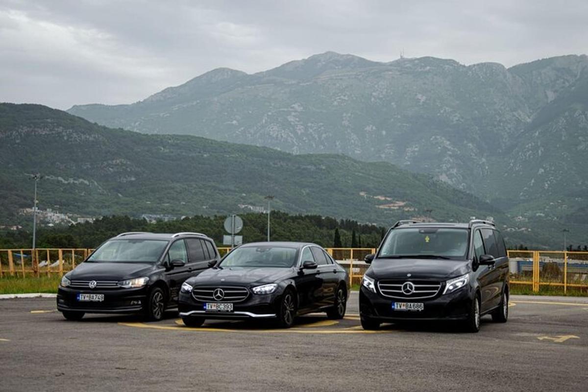 trije avtomobili parkirani na parkirišču z gorami v ozadju