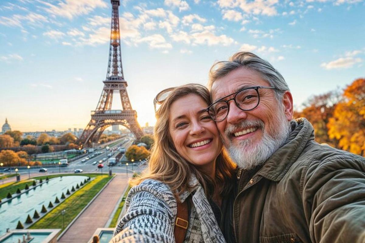 seorang pria dan seorang wanita berdiri di depan menara eiffel