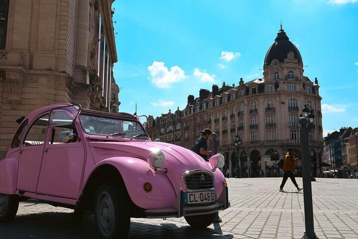 a pink car parked in front of a building