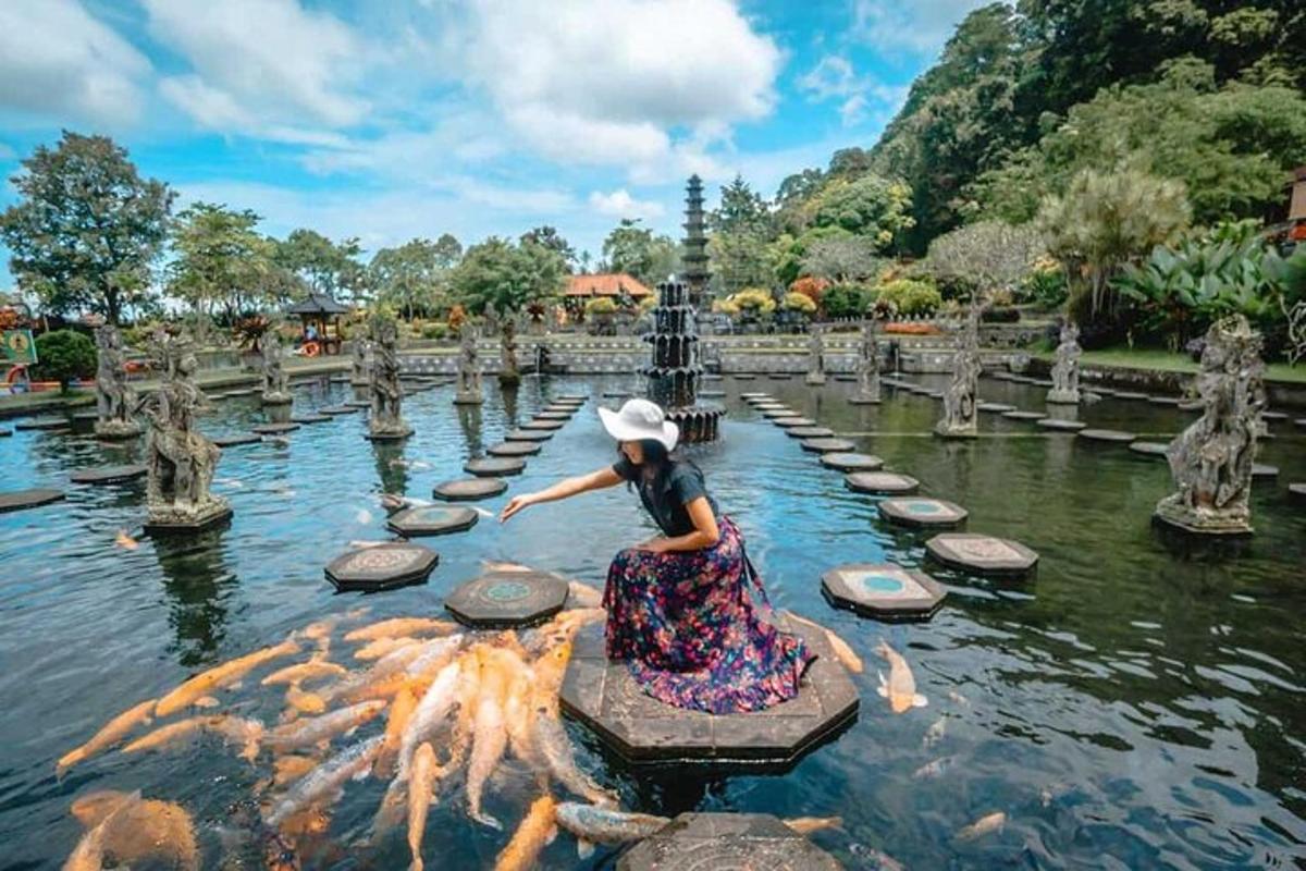 una ragazza seduta su una roccia nell'acqua in un giardino