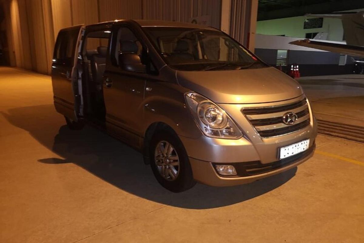 a brown van parked in a building with its door open