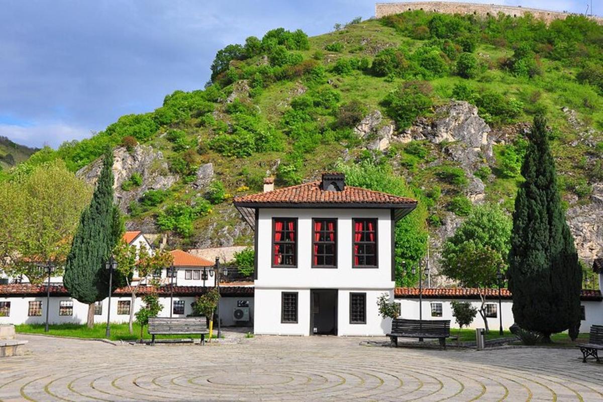a white building with red windows in front of a mountain