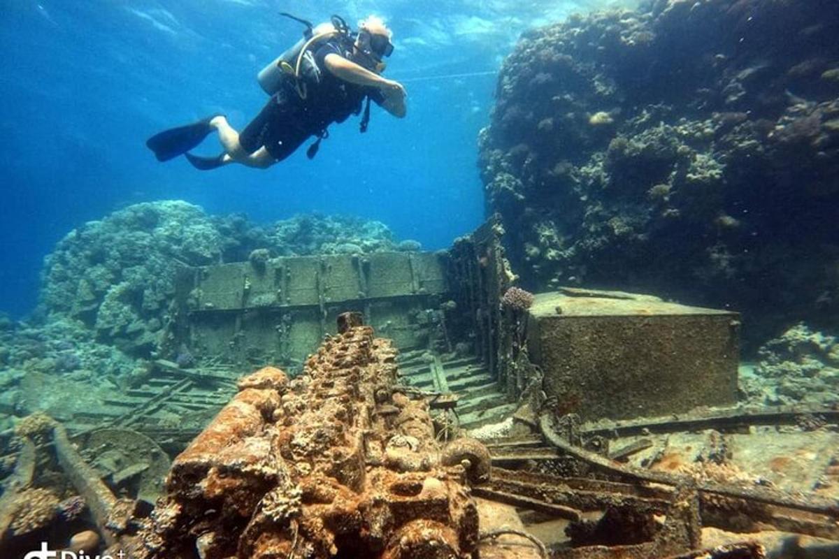 uma pessoa nadando no oceano perto de um navio naufragado