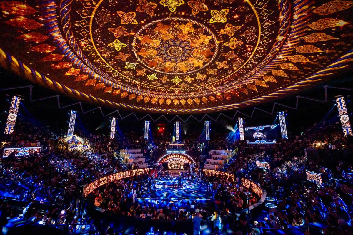 an overhead view of a stage with a crowd of people