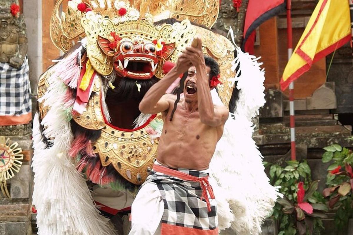 un uomo a torso nudo che indossa una maschera e un costume da leone