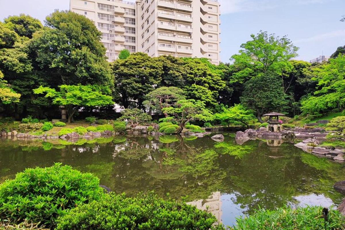 Un jardín con un estanque delante de un edificio.