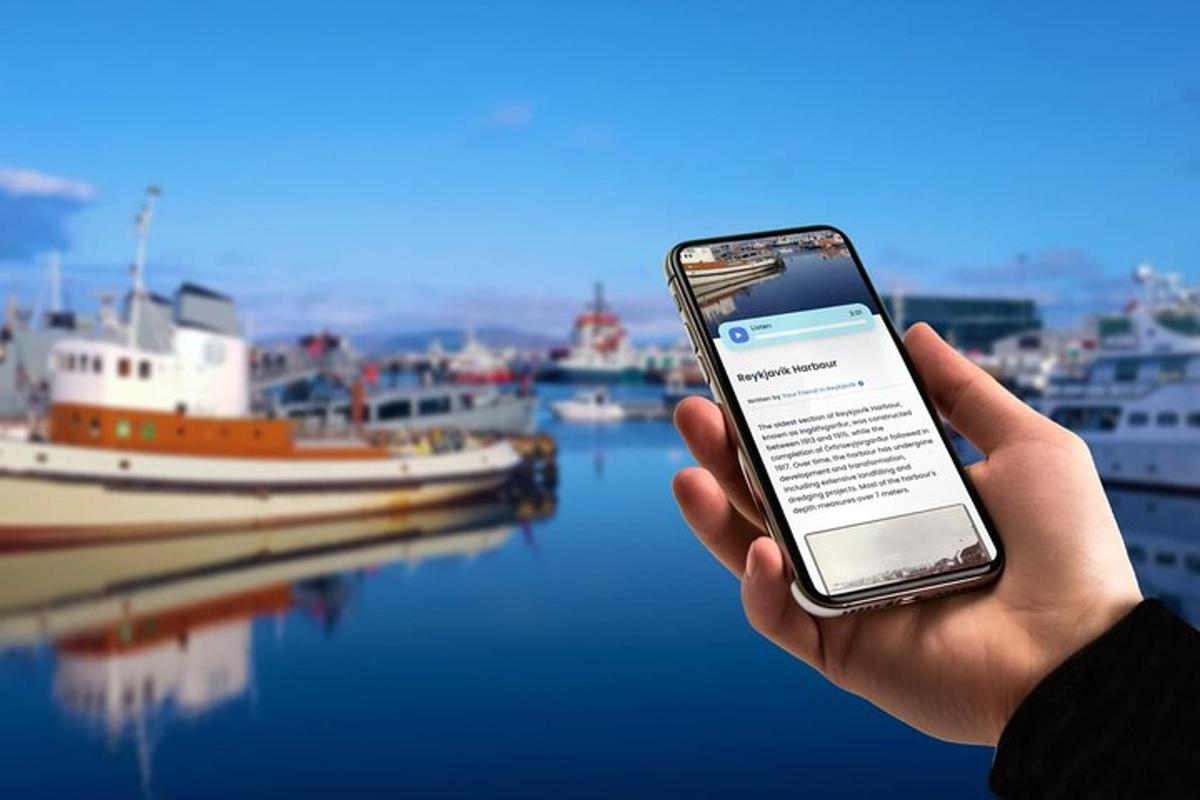 osoba držící mobilní telefon před přístavem