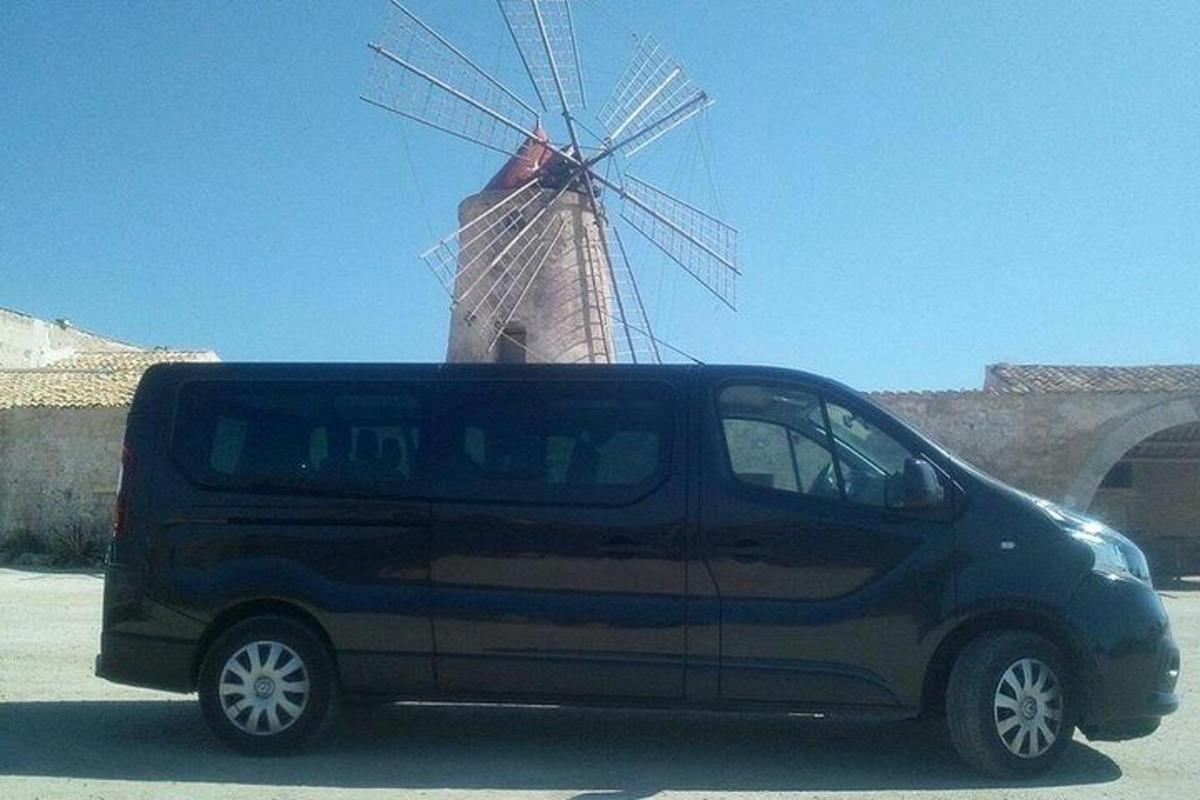 a black van parked in front of a windmill
